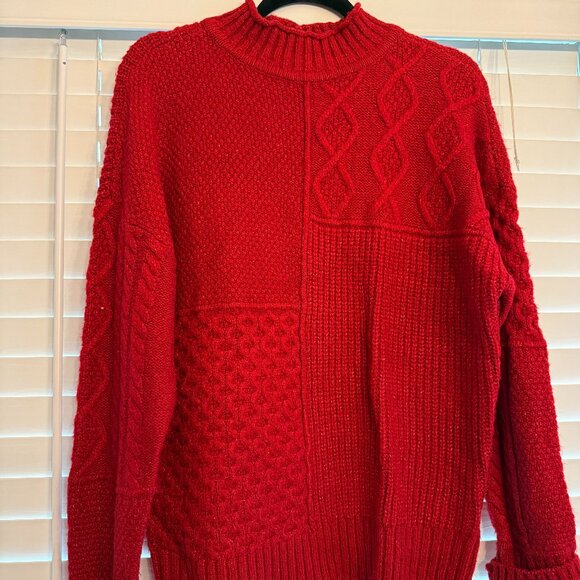 American Eagle Red Cable Knit Soft & Cozy Mock Neck Mixed Stitch Sweater Medium - Picture 2 of 4